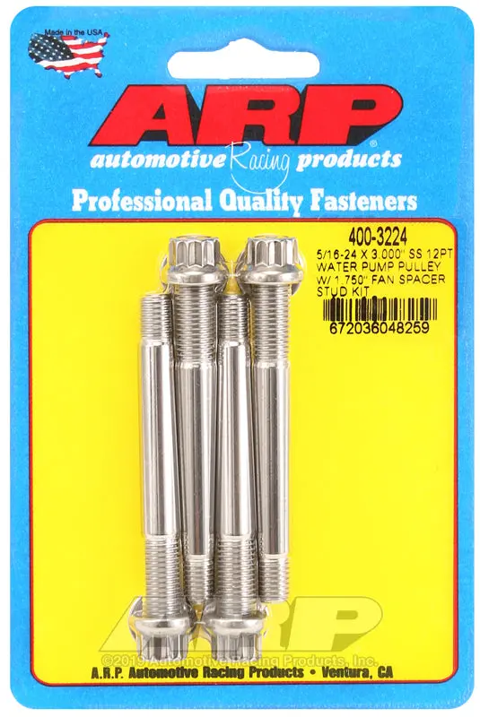 Arp 5/16-24 X 3.000 Ss 12Pt Water Pump Pulley W/ 1.750In Fan Spacer Stud Kit 1