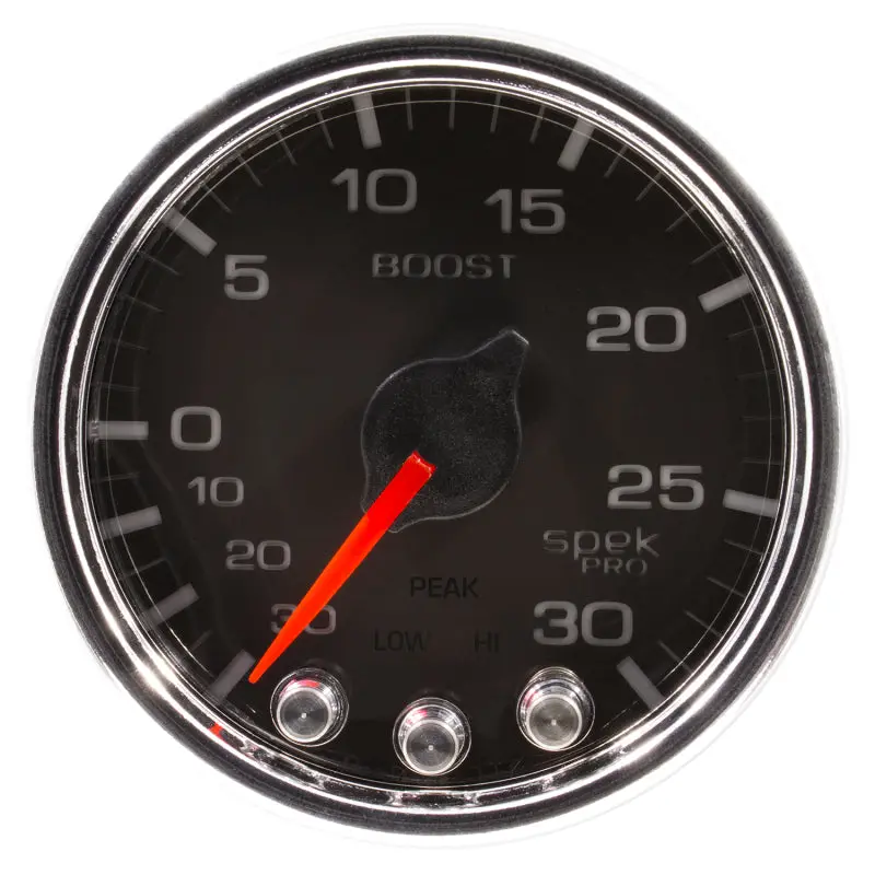 Autometer Spek-Pro 2-1/16-Inch Vacuum/Boost Gauge – 30 In-Hg To 30 Psi, Stepper Motor, Peak Hold, Warning, Black/Chrome 1