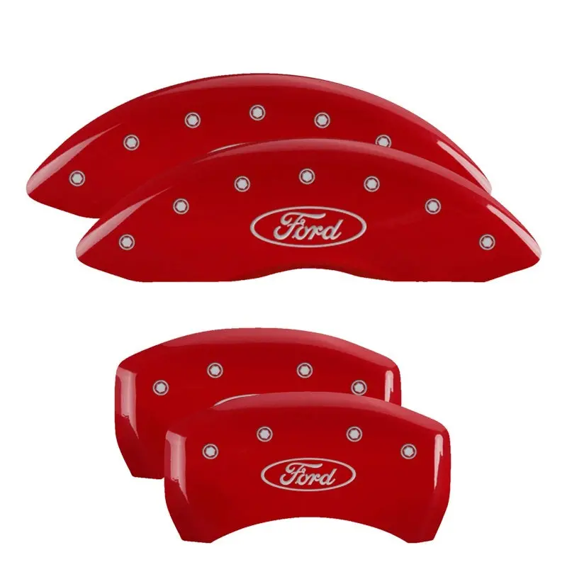 Mgp Engraved 4-Piston Caliper Covers For Ford – Front & Rear, Oval Logo, Red/Silver Finish 1