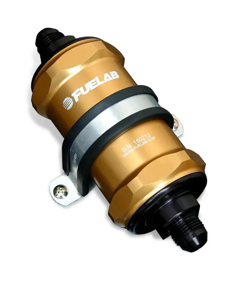 Fuelab 848 In-Line Fuel Filter Standard -6An In/Out 40 Micron Stainless W/Check Valve - Gold 1